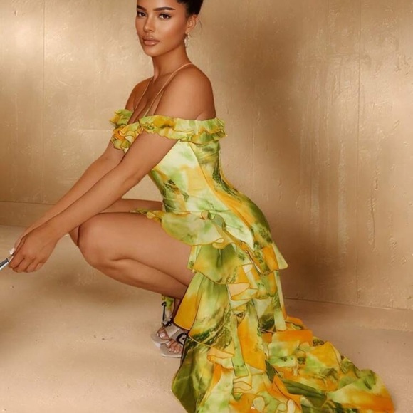 Rebellious Rose Dresses & Skirts - Sundress;Summer Cami Yellow &Green Tie-Dye Print Tiered Layer Ruffle Hem Slit